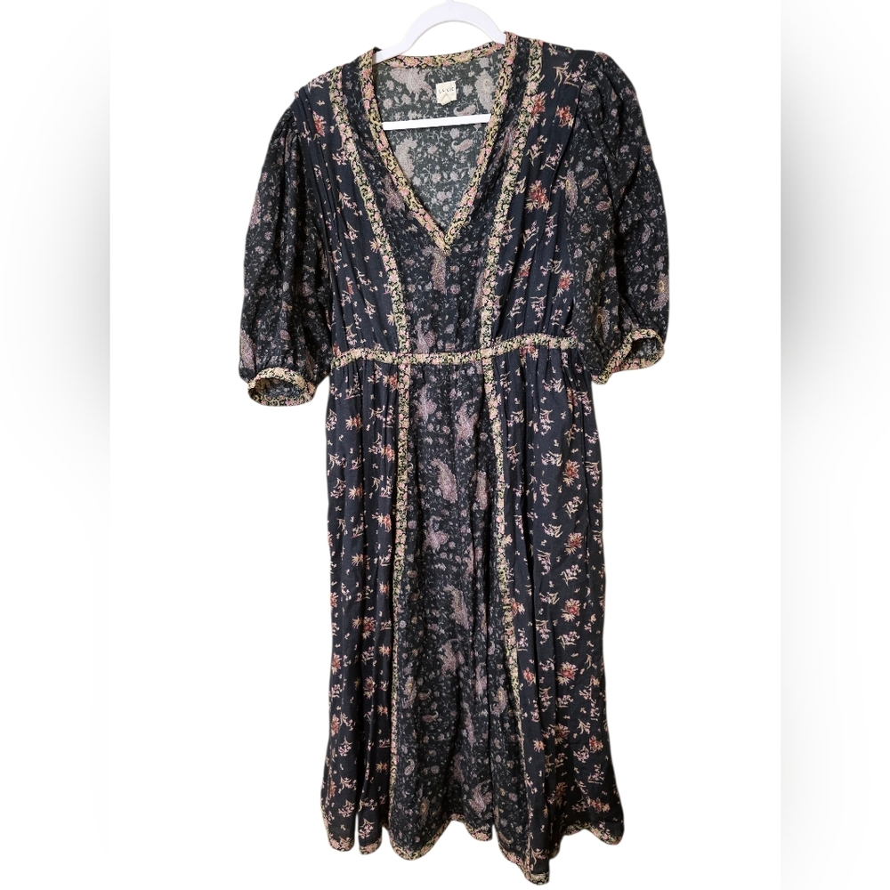Rebecca Taylor Black Floral Midi Dress with Pink and Cream Trim Large